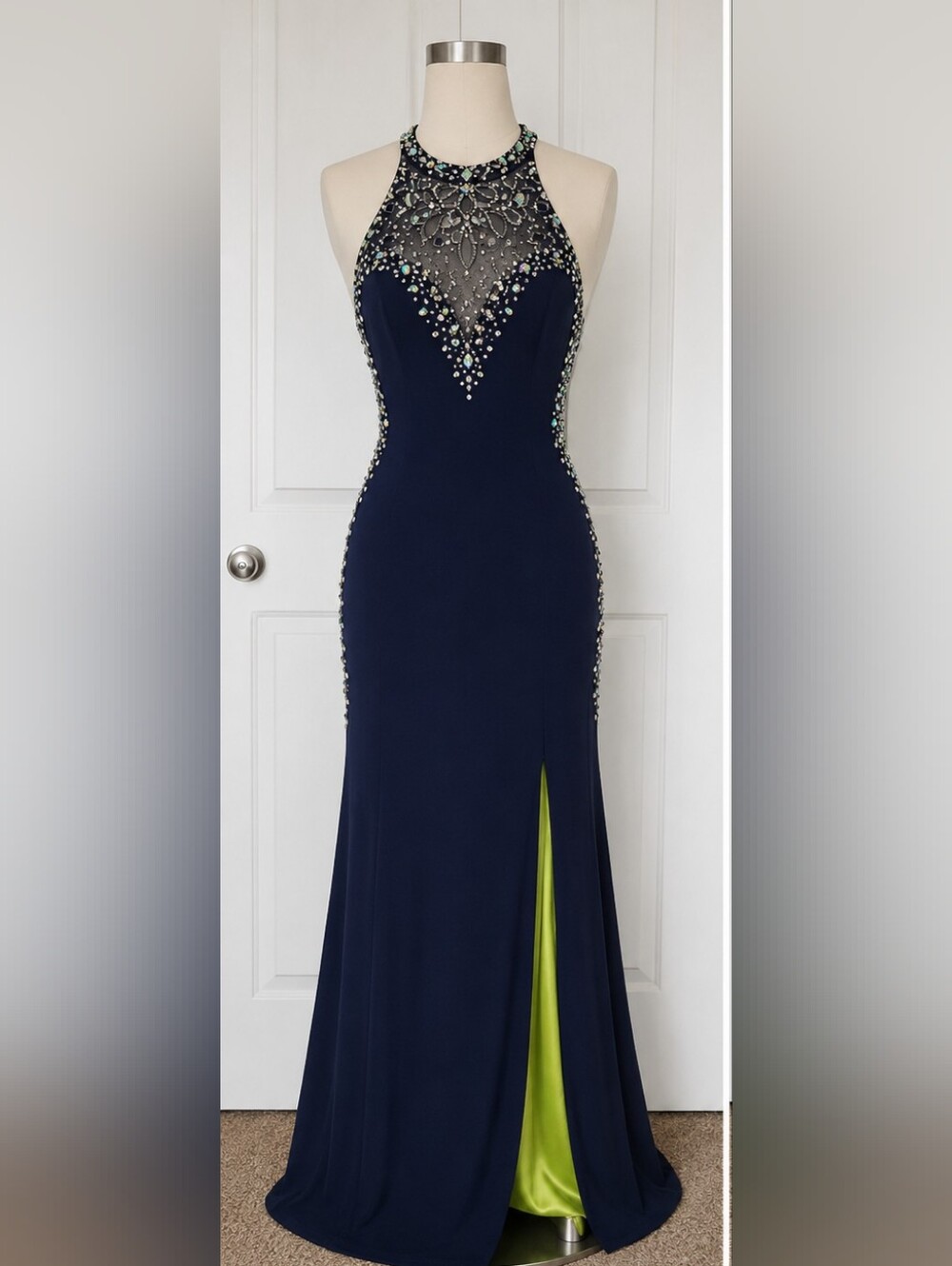 Caché Beaded Gown Size 10 Vintage 90s Navy Blue Lime Green Formal Prom Dress